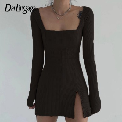 Elegant Square Neck Ribbed Black Dress Female Knitted Side Split Bodycon Dress Long Sleeve Fashion Mini